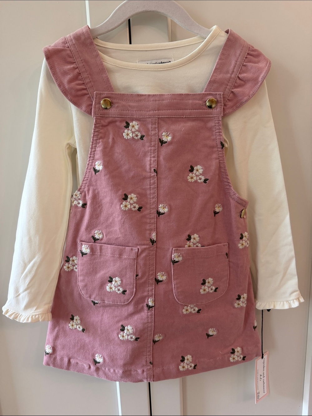 Cupcakes and Cashmere Kids Pink Floral Corduroy Pinafore Dress with Cream Top 3T